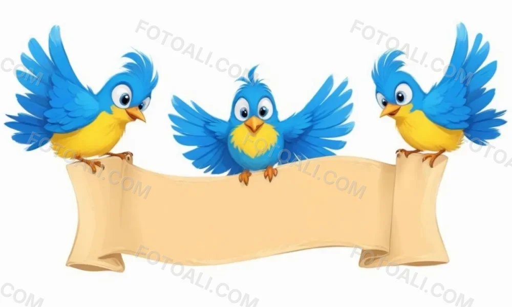 Digital Painting Three Cartoon Birds With Blue Feathers And Yellow Accents One In The Center With A Blue Body And Yellow Belly Perched On A Scroll Like Banner The Background Is Plain And Light Colored Bold And Sl 12 898e