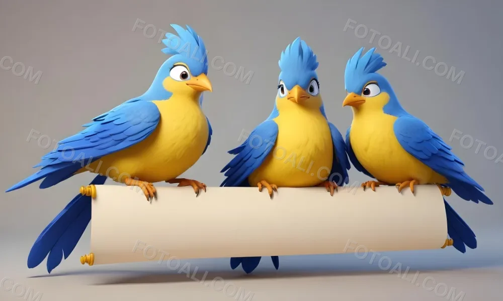 Digital Painting Three Cartoon Birds With Blue Feathers And Yellow Accents One In The Center With A Blue Body And Yellow Belly Perched On A Scroll Like Banner The Background Is Plain And Light Colored Bold And Sl 3 0a41