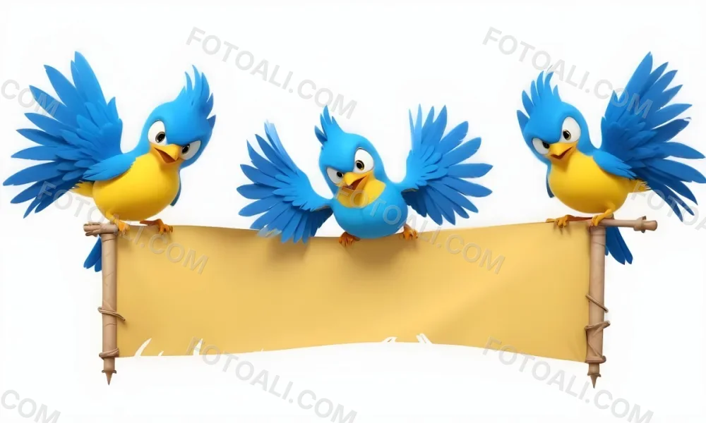 Digital Painting Three Cartoon Birds With Blue Feathers And Yellow Accents One In The Center With A Blue Body And Yellow Belly Perched On A Scroll Like Banner The Background Is Plain And Light Colored Bold And Sl 4 B1bc