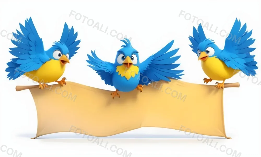 Digital Painting Three Cartoon Birds With Blue Feathers And Yellow Accents One In The Center With A Blue Body And Yellow Belly Perched On A Scroll Like Banner The Background Is Plain And Light Colored Bold And Sl 5 Efc7
