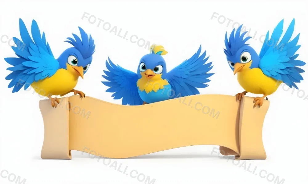 Digital Painting Three Cartoon Birds With Blue Feathers And Yellow Accents One In The Center With A Blue Body And Yellow Belly Perched On A Scroll Like Banner The Background Is Plain And Light Colored Bold And Sl 6 2f0f
