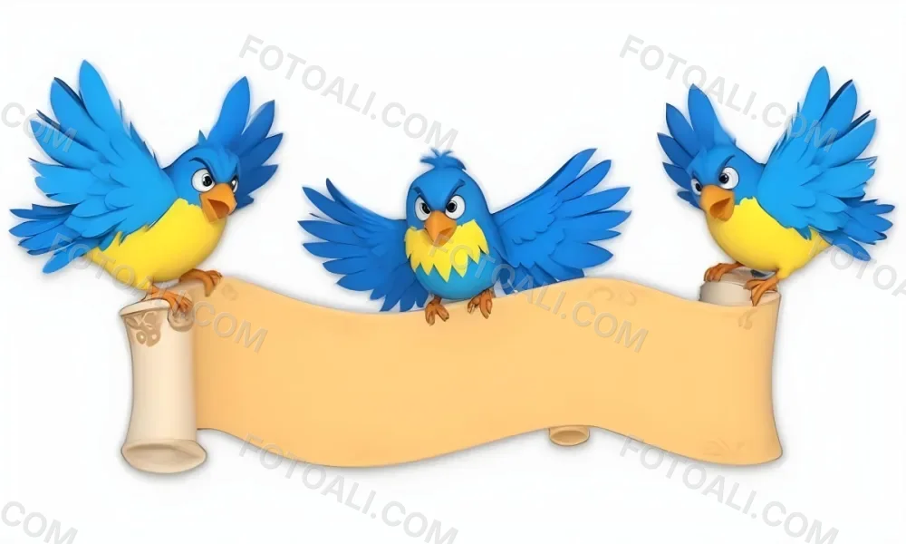 Digital Painting Three Cartoon Birds With Blue Feathers And Yellow Accents One In The Center With A Blue Body And Yellow Belly Perched On A Scroll Like Banner The Background Is Plain And Light Colored Bold And Sl 7 F79f