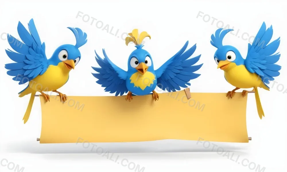 Digital Painting Three Cartoon Birds With Blue Feathers And Yellow Accents One In The Center With A Blue Body And Yellow Belly Perched On A Scroll Like Banner The Background Is Plain And Light Colored Bold And Sl 8 3287
