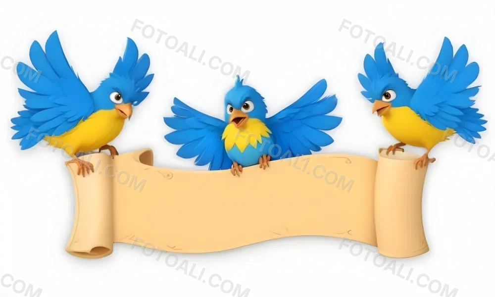Digital Painting Three Cartoon Birds With Blue Feathers And Yellow Accents One In The Center With A Blue Body And Yellow Belly Perched On A Scroll Like Banner The Background Is Plain And Light Colored Bold And Sl 9 764e
