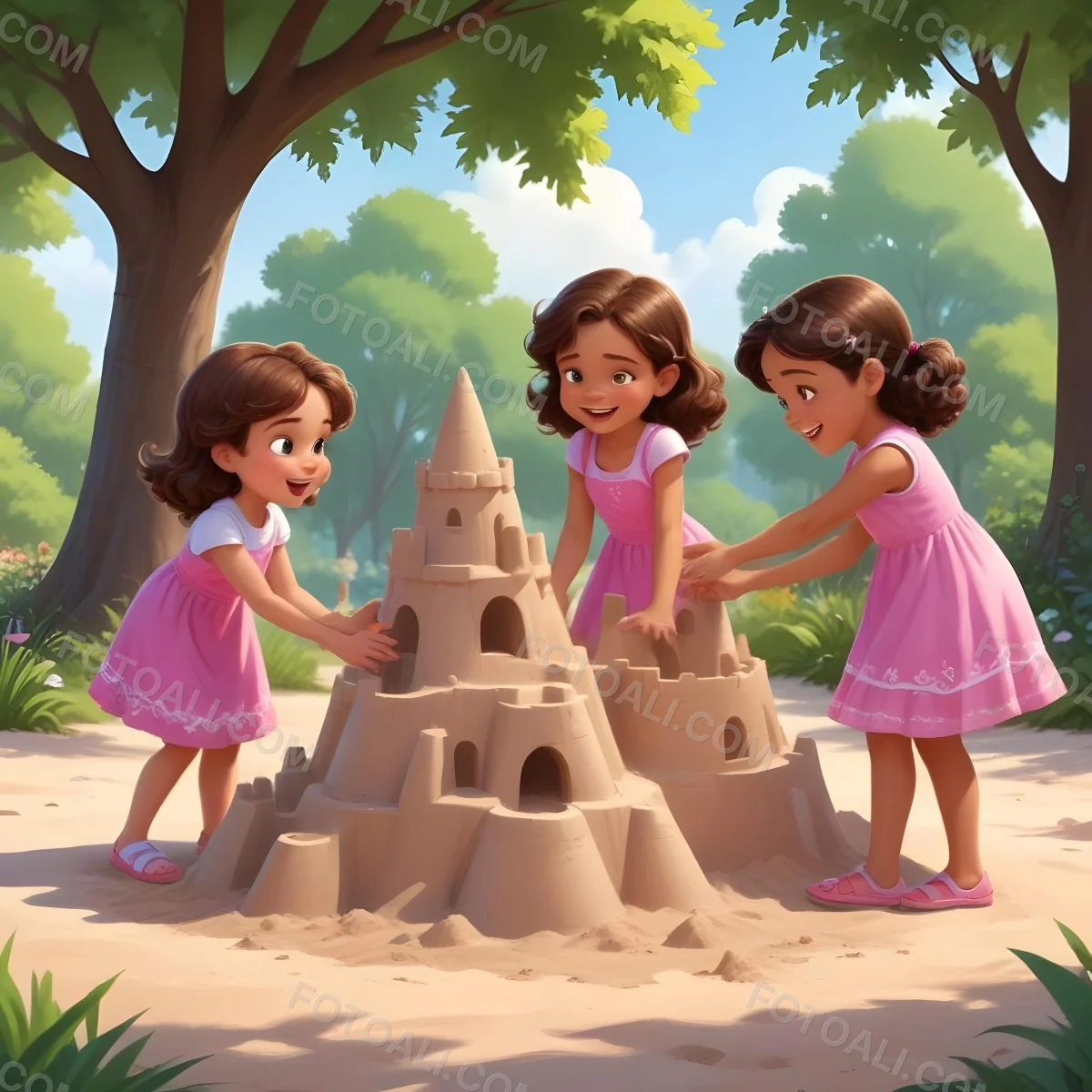 Digital Painting Three Children Playing In A Vibrant Park A Girl With Light Skin And Brown Hair Around 6 Years Old Is Building A Sandcastle Two Children One With Dark Hair And Light Skin And The Other With Bro 11 Ec46