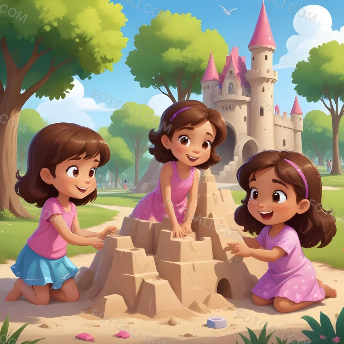 Digital Painting Three Children Playing In A Vibrant Park A Girl With Light Skin And Brown Hair Around 6 Years Old Is Building A Sandcastle Two Children One With Dark Hair And Light Skin And The Other With Bro 16 25c0