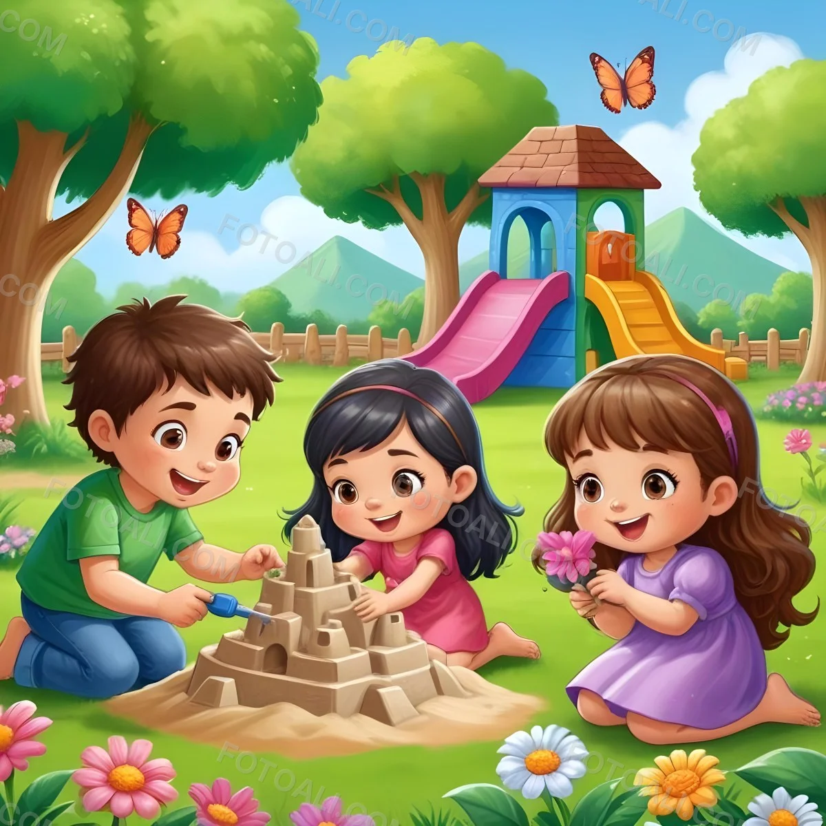Digital Painting Three Children Playing In A Vibrant Park A Girl With Light Skin And Brown Hair Around 6 Years Old Is Building A Sandcastle Two Children One With Dark Hair And Light Skin And The Other With Bro 20 6575