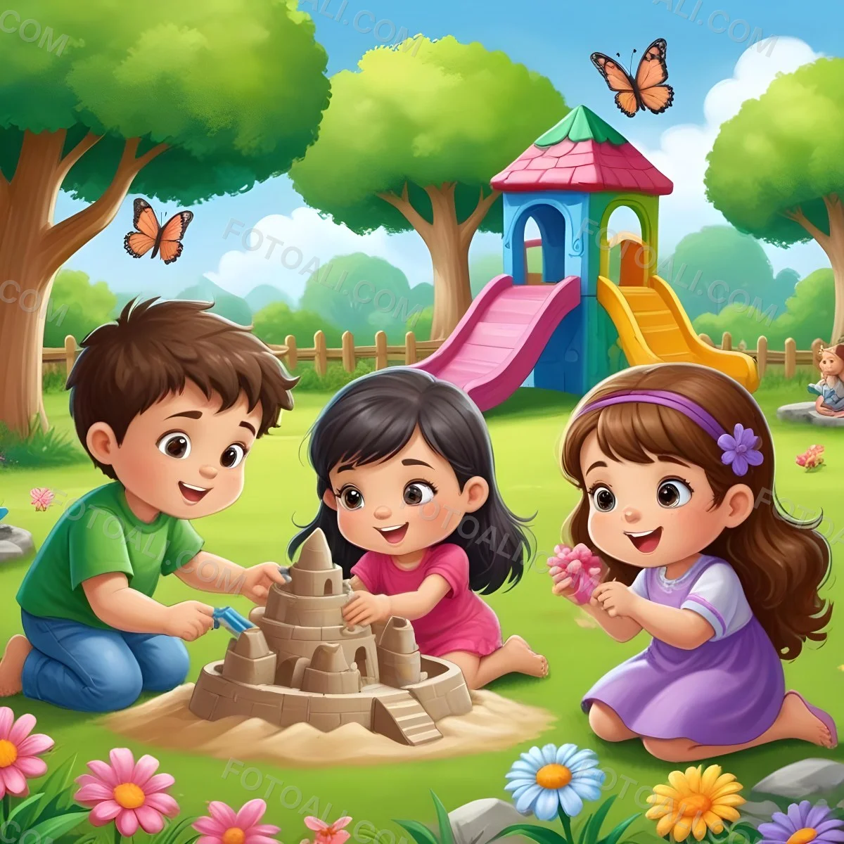 Digital Painting Three Children Playing In A Vibrant Park A Girl With Light Skin And Brown Hair Around 6 Years Old Is Building A Sandcastle Two Children One With Dark Hair And Light Skin And The Other With Bro 26 4572