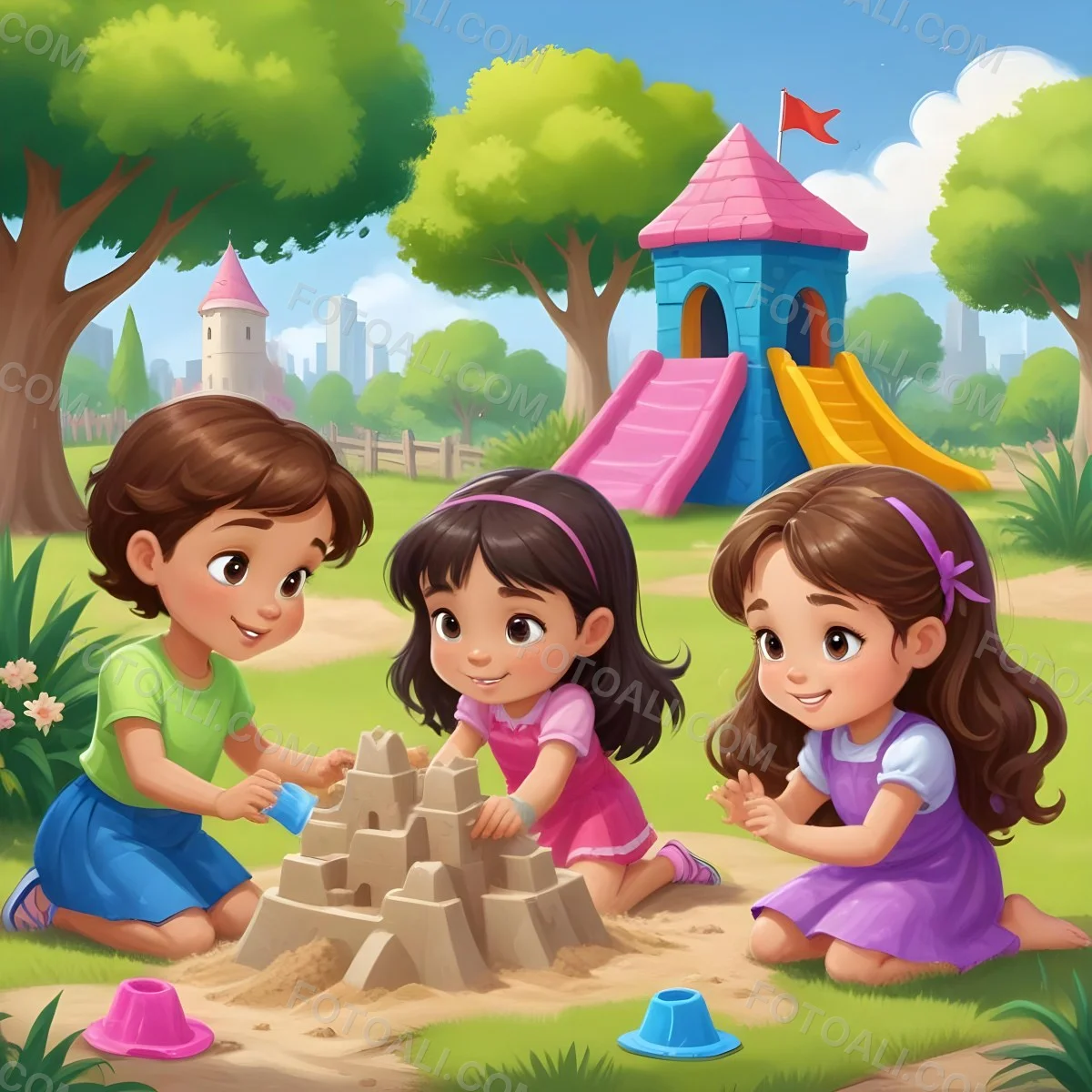 Digital Painting Three Children Playing In A Vibrant Park A Girl With Light Skin And Brown Hair Around 6 Years Old Is Building A Sandcastle Two Children One With Dark Hair And Light Skin And The Other With Bro 28 4661