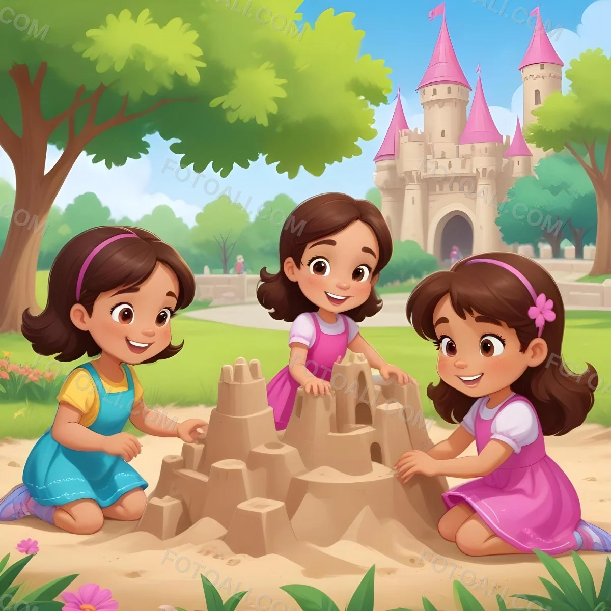 Digital Painting Three Children Playing In A Vibrant Park A Girl With Light Skin And Brown Hair Around 6 Years Old Is Building A Sandcastle Two Children One With Dark Hair And Light Skin And The Other With Bro 3 Ec81
