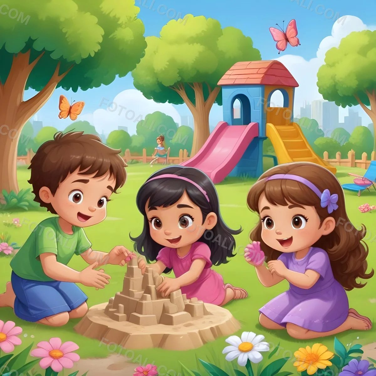 Digital Painting Three Children Playing In A Vibrant Park A Girl With Light Skin And Brown Hair Around 6 Years Old Is Building A Sandcastle Two Children One With Dark Hair And Light Skin And The Other With Bro 4 4d21