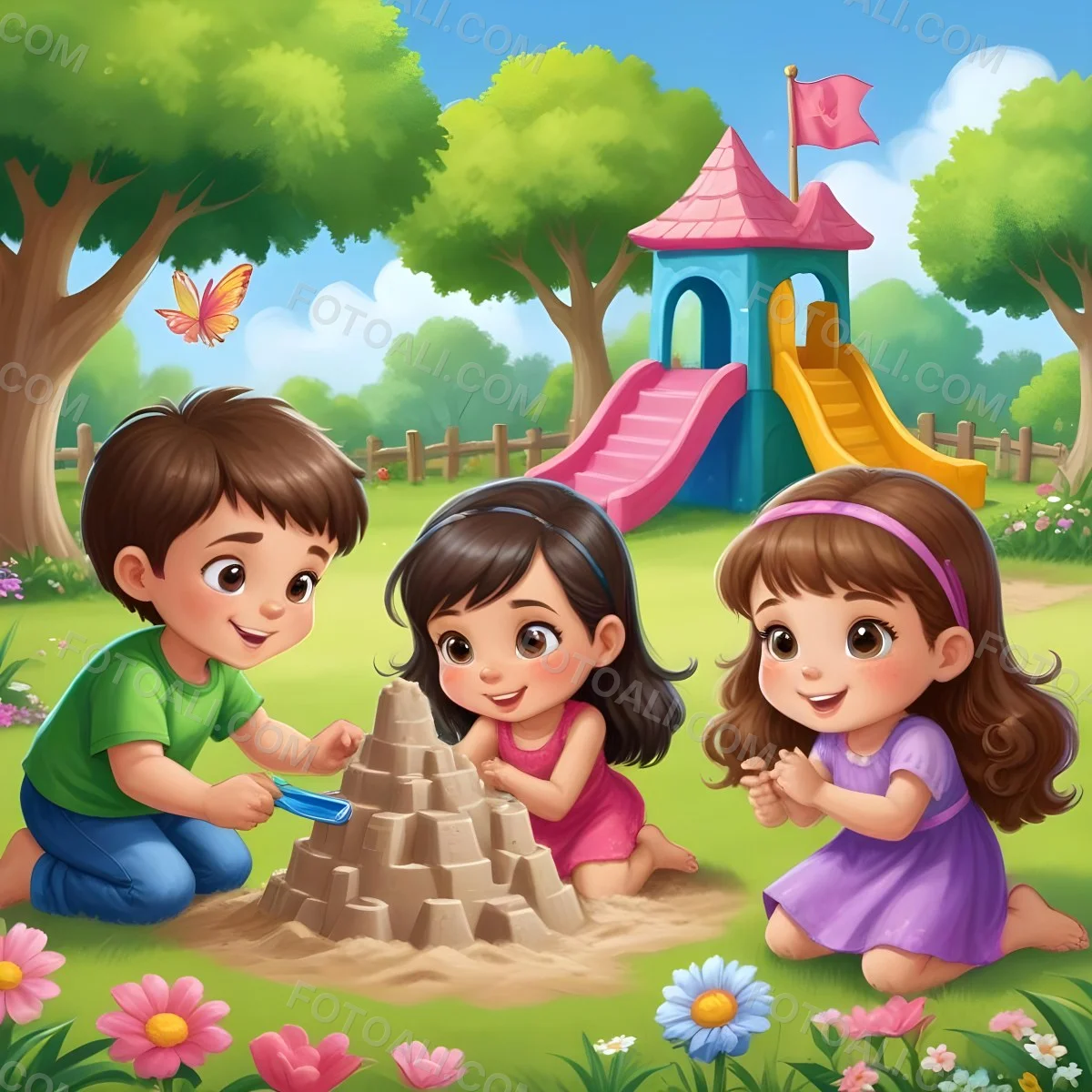 Digital Painting Three Children Playing In A Vibrant Park A Girl With Light Skin And Brown Hair Around 6 Years Old Is Building A Sandcastle Two Children One With Dark Hair And Light Skin And The Other With Bro 41 773c