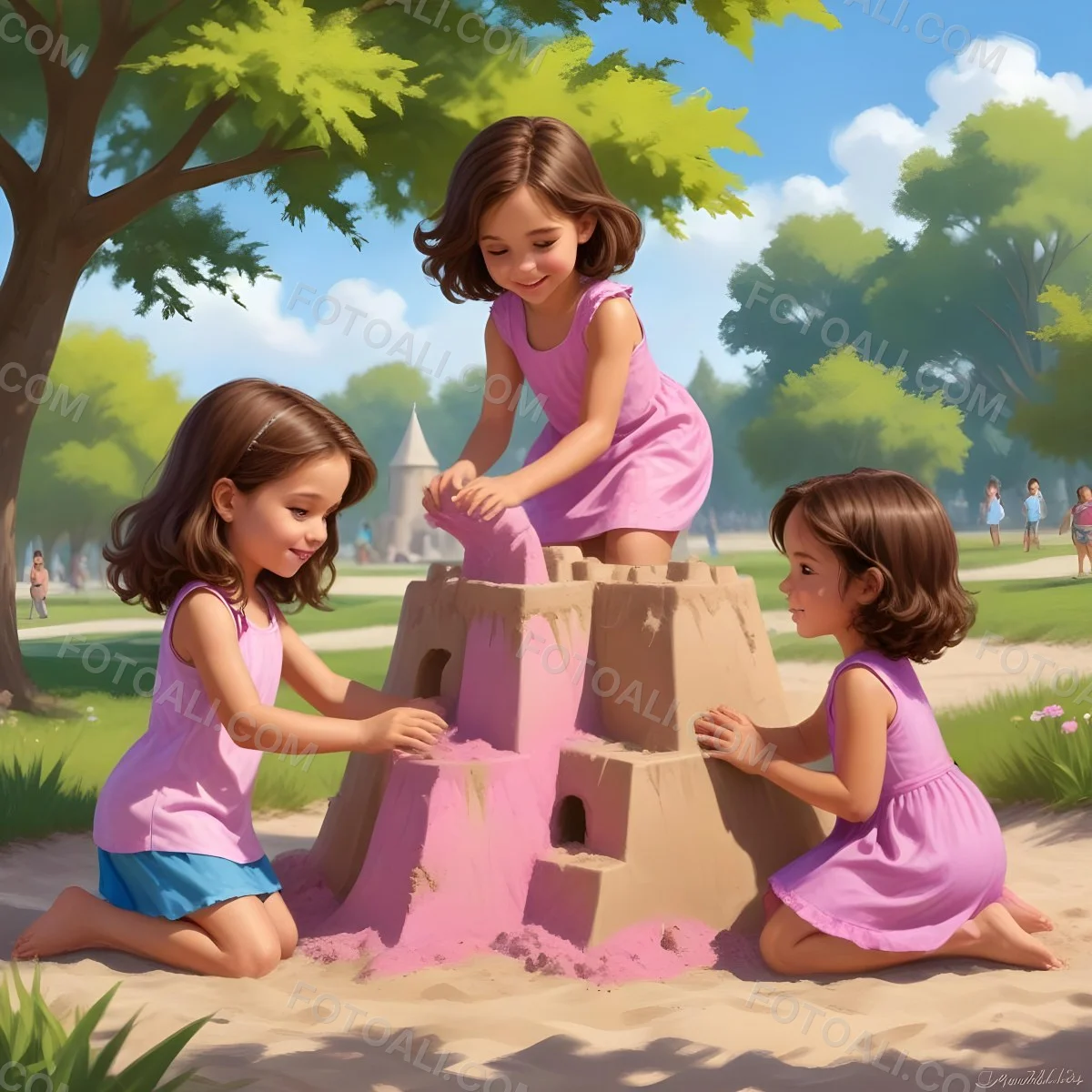 Digital Painting Three Children Playing In A Vibrant Park A Girl With Light Skin And Brown Hair Around 6 Years Old Is Building A Sandcastle Two Children One With Dark Hair And Light Skin And The Other With Bro 42 Ce8d