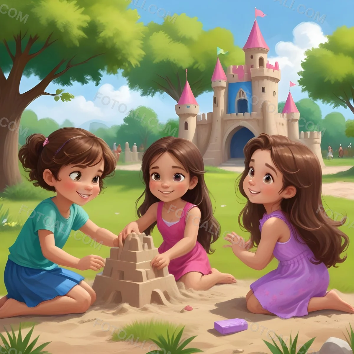 Digital Painting Three Children Playing In A Vibrant Park A Girl With Light Skin And Brown Hair Around 6 Years Old Is Building A Sandcastle Two Children One With Dark Hair And Light Skin And The Other With Bro 44 8849