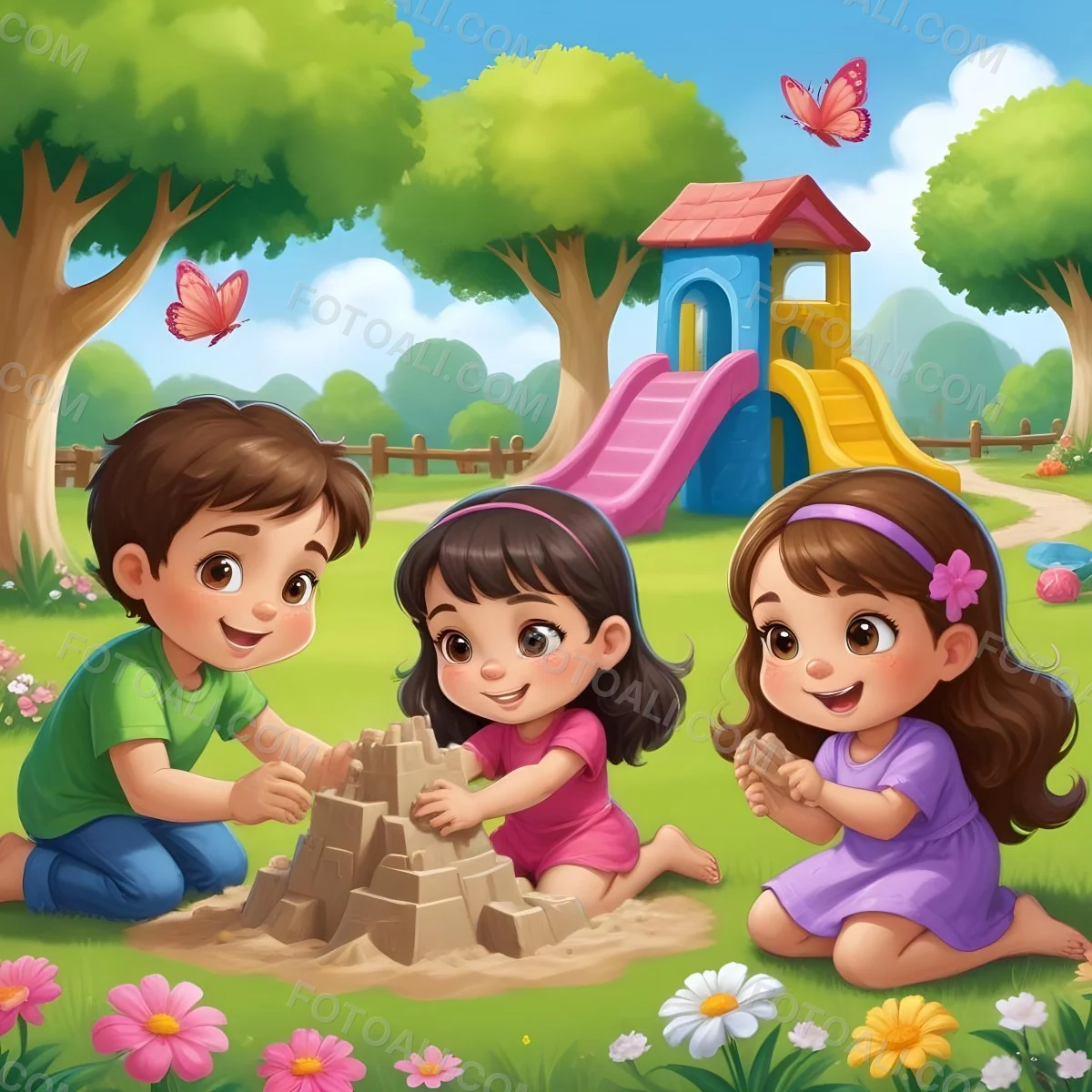 Digital Painting Three Children Playing In A Vibrant Park A Girl With Light Skin And Brown Hair Around 6 Years Old Is Building A Sandcastle Two Children One With Dark Hair And Light Skin And The Other With Bro 45 6d8a