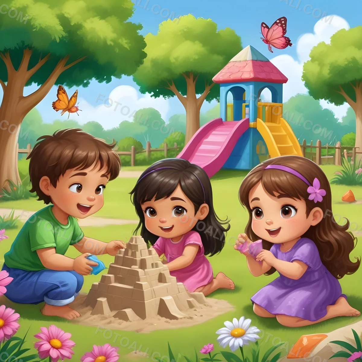 Digital Painting Three Children Playing In A Vibrant Park A Girl With Light Skin And Brown Hair Around 6 Years Old Is Building A Sandcastle Two Children One With Dark Hair And Light Skin And The Other With Bro 46 A57b