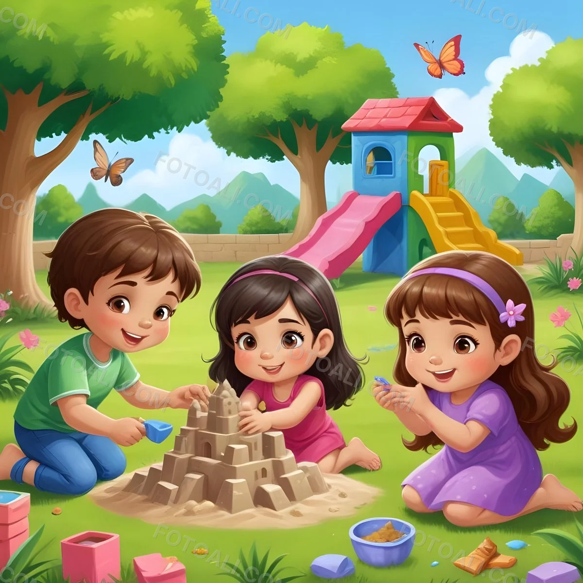 Digital Painting Three Children Playing In A Vibrant Park A Girl With Light Skin And Brown Hair Around 6 Years Old Is Building A Sandcastle Two Children One With Dark Hair And Light Skin And The Other With Bro 48 Bb2e