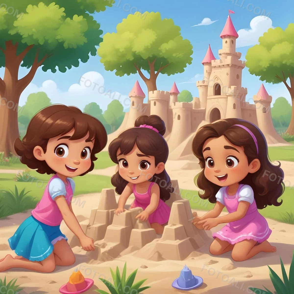 Digital Painting Three Children Playing In A Vibrant Park A Girl With Light Skin And Brown Hair Around 6 Years Old Is Building A Sandcastle Two Children One With Dark Hair And Light Skin And The Other With Bro 5 4f88