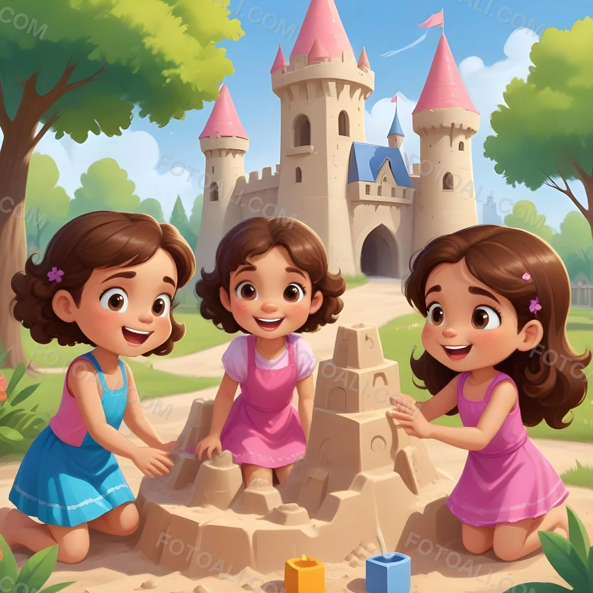 Digital Painting Three Children Playing In A Vibrant Park A Girl With Light Skin And Brown Hair Around 6 Years Old Is Building A Sandcastle Two Children One With Dark Hair And Light Skin And The Other With Bro 6 4d2b