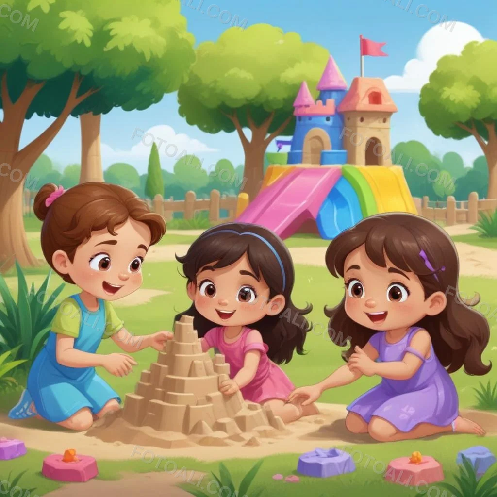 Digital Painting Three Children Playing In A Vibrant Park A Girl With Light Skin And Brown Hair Around 6 Years Old Is Building A Sandcastle Two Children One With Dark Hair And Light Skin And The Other With Bro 7 3f03