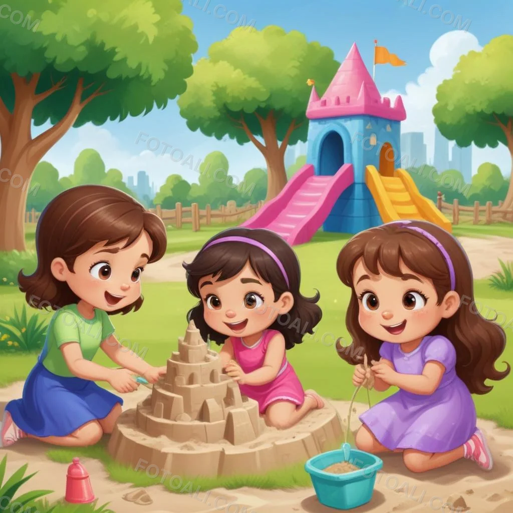 Digital Painting Three Children Playing In A Vibrant Park A Girl With Light Skin And Brown Hair Around 6 Years Old Is Building A Sandcastle Two Children One With Dark Hair And Light Skin And The Other With Bro 8 20d2