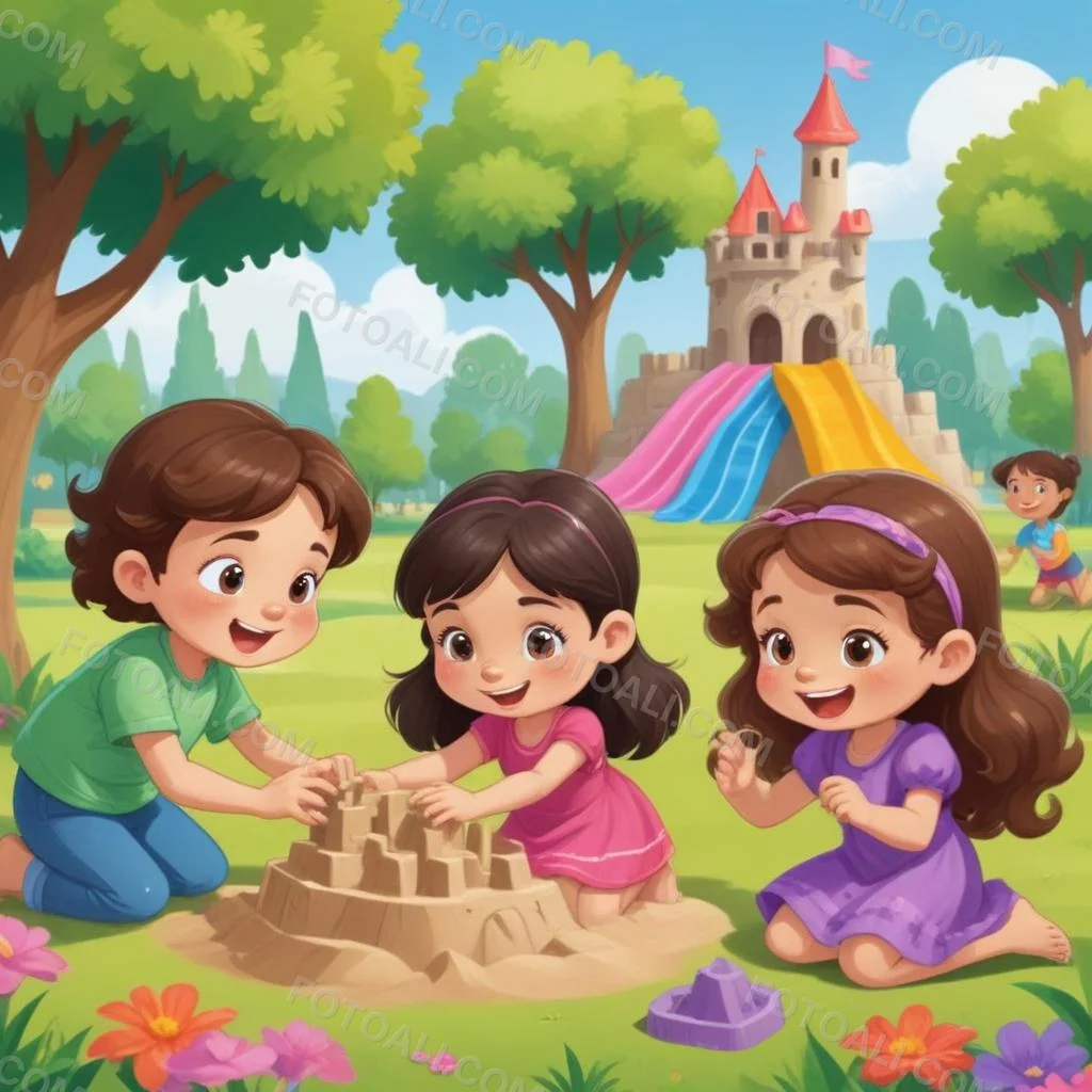 Digital Painting Three Children Playing In A Vibrant Park A Girl With Light Skin And Brown Hair Around 6 Years Old Is Building A Sandcastle Two Children One With Dark Hair And Light Skin And The Other With Bro 9 9e60