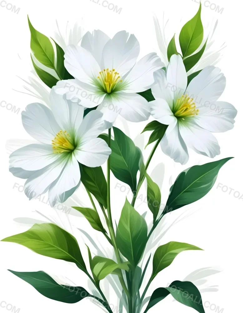 Digital Painting Three Flowers One White And Two Green With Green Leaves Isolated On A White Background Vibrant Colors Detailed Petals Soft Lighting Botanical Illustration Bold And Slim Lines Brush Strokes 63 4966