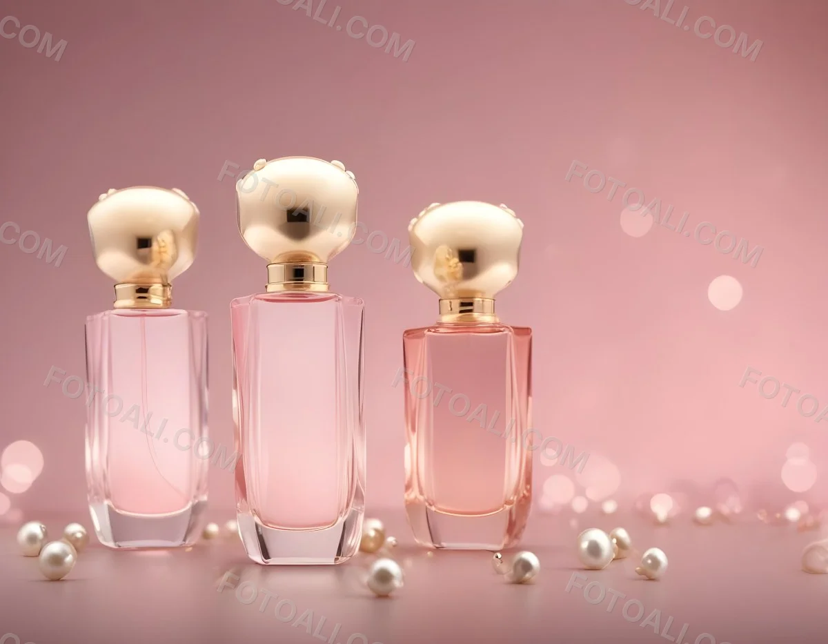 Digital Painting Three Pink Perfume Bottles With Golden Caps And Pearls On A Golden Background With Bokeh Effect Luxury Product Elegant Design Bold And Slim Lines Brush Strokes 5 24f9