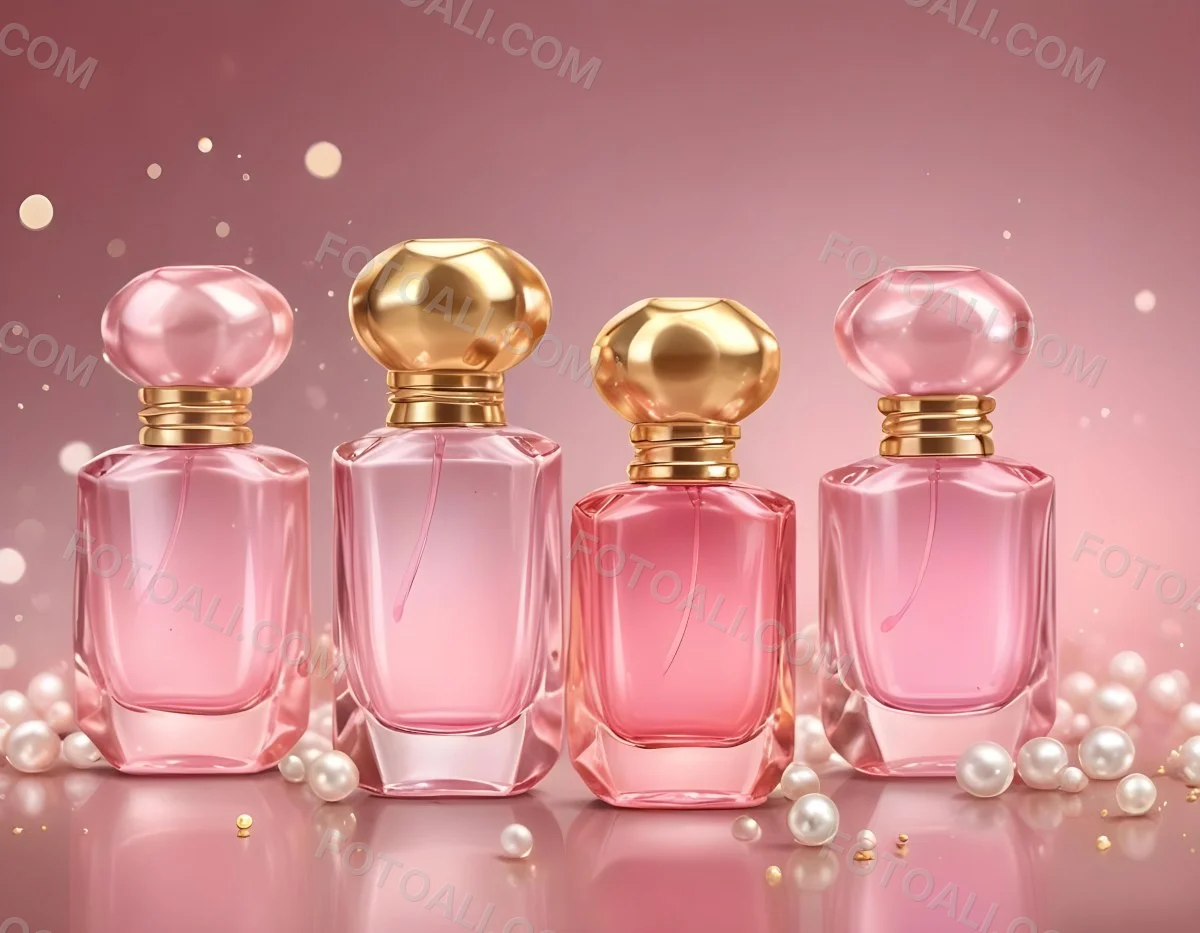 Digital Painting Three Pink Perfume Bottles With Golden Caps And Pearls On A Golden Background With Bokeh Effect Luxury Product Elegant Design Bold And Slim Lines Brush Strokes 55 A2cf