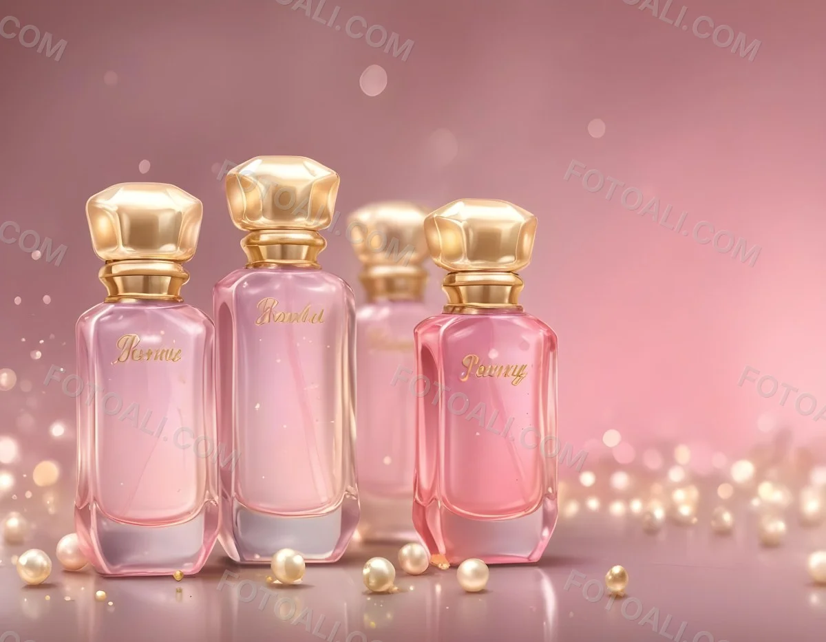 Digital Painting Three Pink Perfume Bottles With Golden Caps And Pearls On A Golden Background With Bokeh Effect Luxury Product Elegant Design Bold And Slim Lines Brush Strokes 60 Eacd