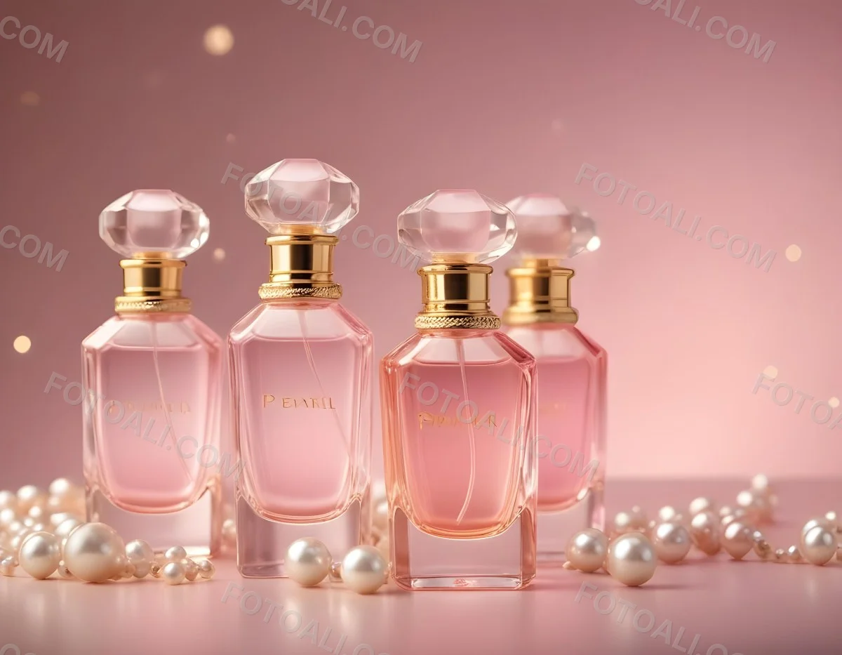 Digital Painting Three Pink Perfume Bottles With Golden Caps And Pearls On A Golden Background With Bokeh Effect Luxury Product Elegant Design Bold And Slim Lines Brush Strokes 69 Ec8d