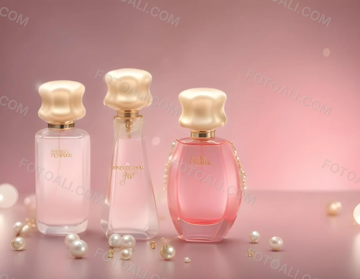 Digital Painting Three Pink Perfume Bottles With Golden Caps And Pearls On A Golden Background With Bokeh Effect Luxury Product Elegant Design Bold And Slim Lines Brush Strokes 7 Df22