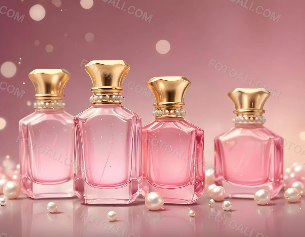 Digital Painting Three Pink Perfume Bottles With Golden Caps And Pearls On A Golden Background With Bokeh Effect Luxury Product Elegant Design Bold And Slim Lines Brush Strokes 72 730b