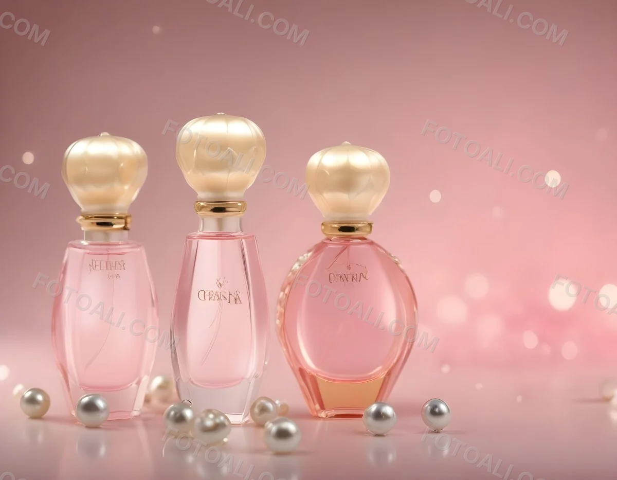 Digital Painting Three Pink Perfume Bottles With Golden Caps And Pearls On A Golden Background With Bokeh Effect Luxury Product Elegant Design Bold And Slim Lines Brush Strokes 73 Ea3a