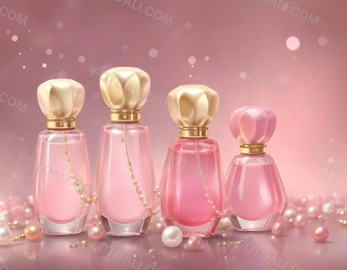 Digital Painting Three Pink Perfume Bottles With Golden Caps And Pearls On A Golden Background With Bokeh Effect Luxury Product Elegant Design Bold And Slim Lines Brush Strokes 74 Cd43