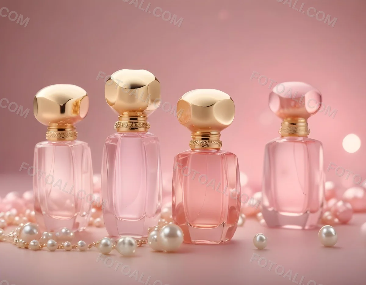 Digital Painting Three Pink Perfume Bottles With Golden Caps And Pearls On A Golden Background With Bokeh Effect Luxury Product Elegant Design Bold And Slim Lines Brush Strokes 75 6210