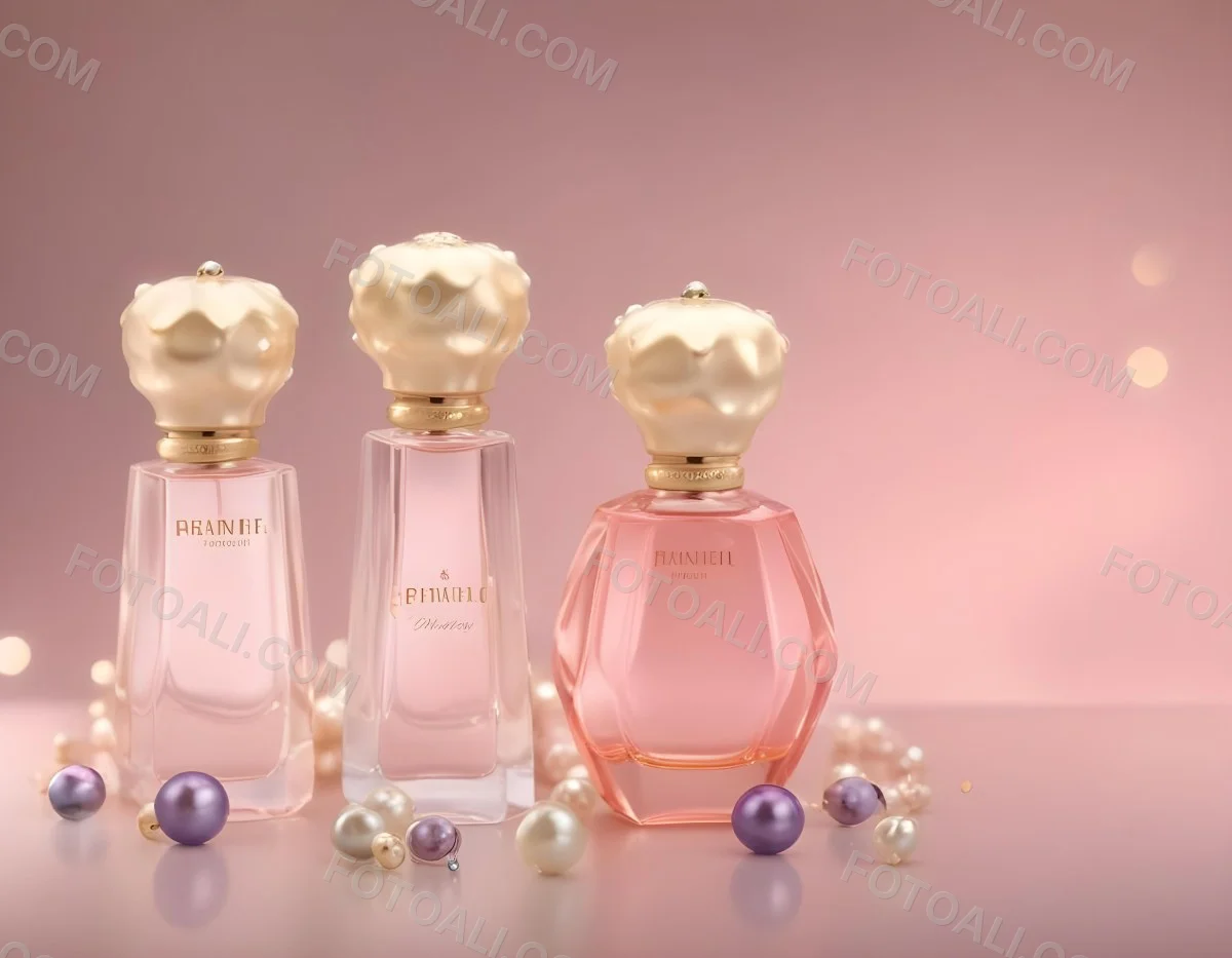 Digital Painting Three Pink Perfume Bottles With Golden Caps And Pearls On A Golden Background With Bokeh Effect Luxury Product Elegant Design Bold And Slim Lines Brush Strokes 77 Dc87