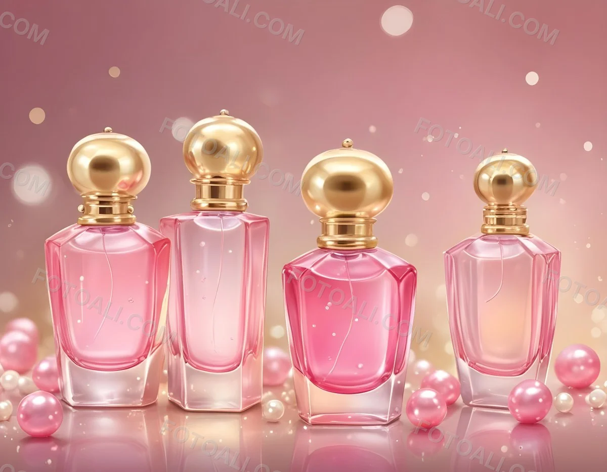Digital Painting Three Pink Perfume Bottles With Golden Caps And Pearls On A Golden Background With Bokeh Effect Luxury Product Elegant Design Bold And Slim Lines Brush Strokes 78 B09a