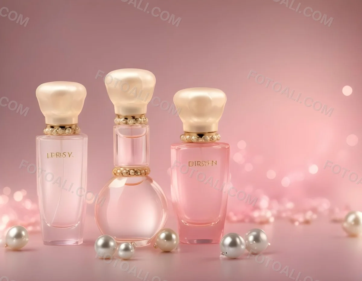 Digital Painting Three Pink Perfume Bottles With Golden Caps And Pearls On A Golden Background With Bokeh Effect Luxury Product Elegant Design Bold And Slim Lines Brush Strokes 8 2e41