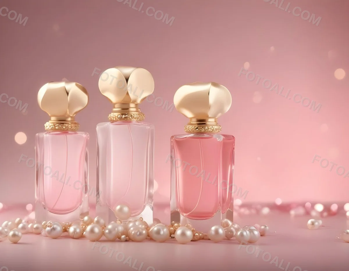 Digital Painting Three Pink Perfume Bottles With Golden Caps And Pearls On A Golden Background With Bokeh Effect Luxury Product Elegant Design Bold And Slim Lines Brush Strokes 9 58fb