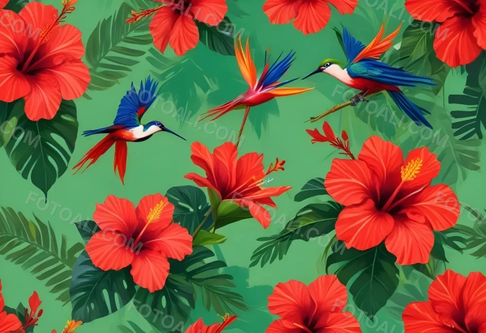 Digital Painting Three Red Hibiscus Flowers And A Bird Of Paradise Flower With Red Leaves On A Green Background Bold And Slim Lines Brush Strokes 12 7264