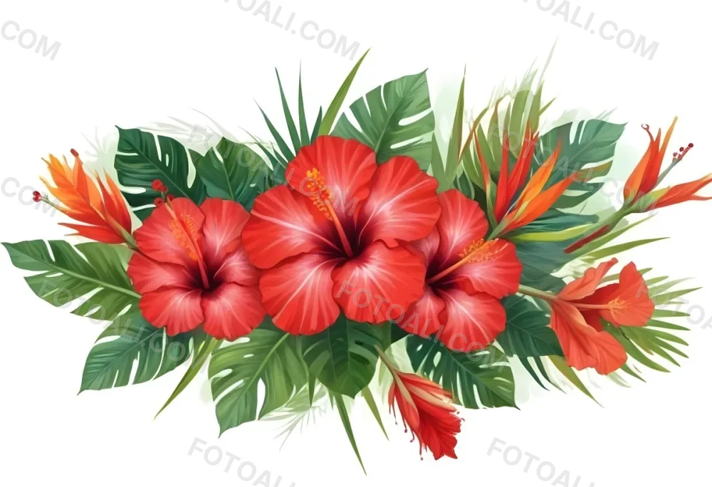 Digital Painting Three Red Hibiscus Flowers And A Bird Of Paradise Flower With Red Leaves On A Green Background Bold And Slim Lines Brush Strokes 13 3edc
