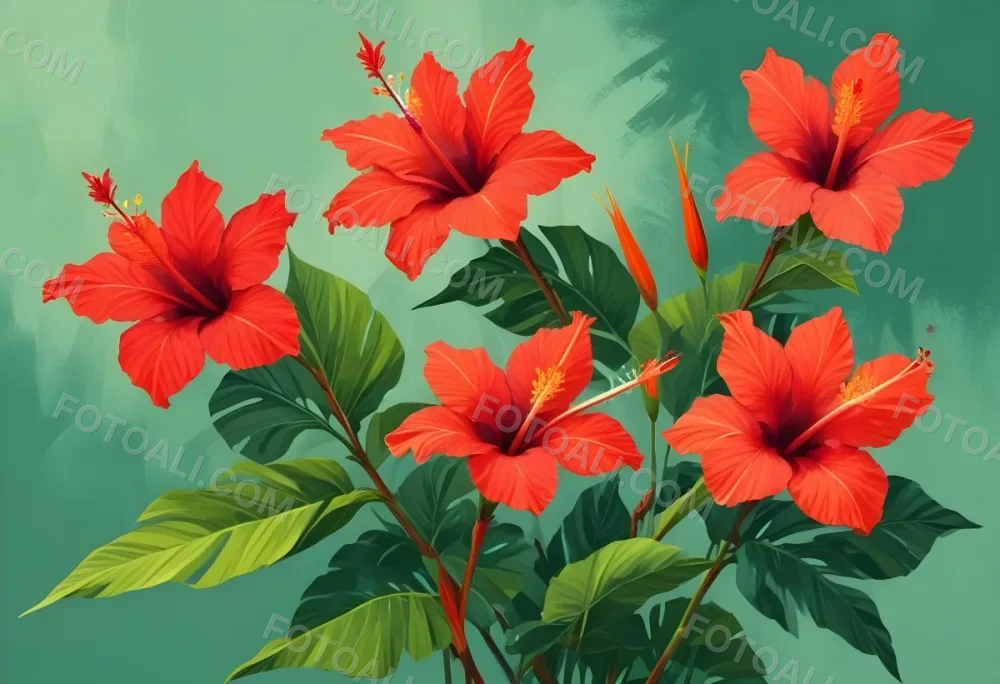 Digital Painting Three Red Hibiscus Flowers And A Bird Of Paradise Flower With Red Leaves On A Green Background Bold And Slim Lines Brush Strokes 16 Fd7e