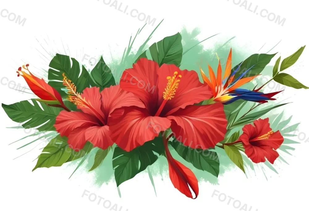Digital Painting Three Red Hibiscus Flowers And A Bird Of Paradise Flower With Red Leaves On A Green Background Bold And Slim Lines Brush Strokes 17 4171