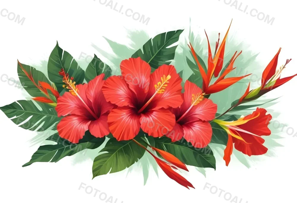 Digital Painting Three Red Hibiscus Flowers And A Bird Of Paradise Flower With Red Leaves On A Green Background Bold And Slim Lines Brush Strokes 18 01fa