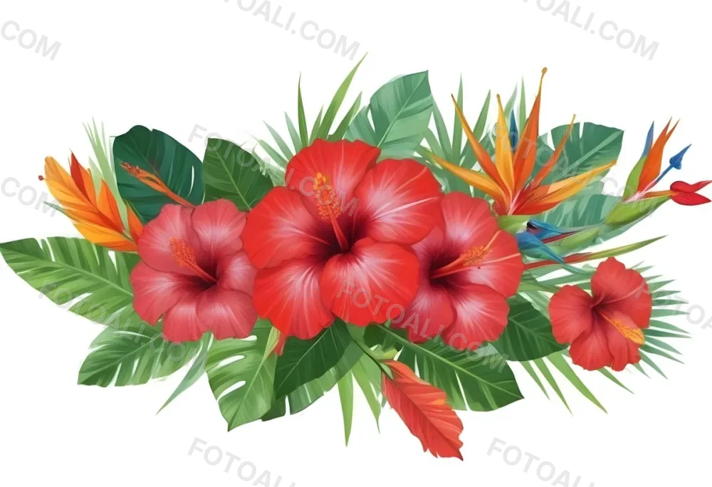 Digital Painting Three Red Hibiscus Flowers And A Bird Of Paradise Flower With Red Leaves On A Green Background Bold And Slim Lines Brush Strokes 21 5c72