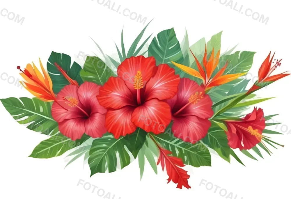 Digital Painting Three Red Hibiscus Flowers And A Bird Of Paradise Flower With Red Leaves On A Green Background Bold And Slim Lines Brush Strokes 25 B658