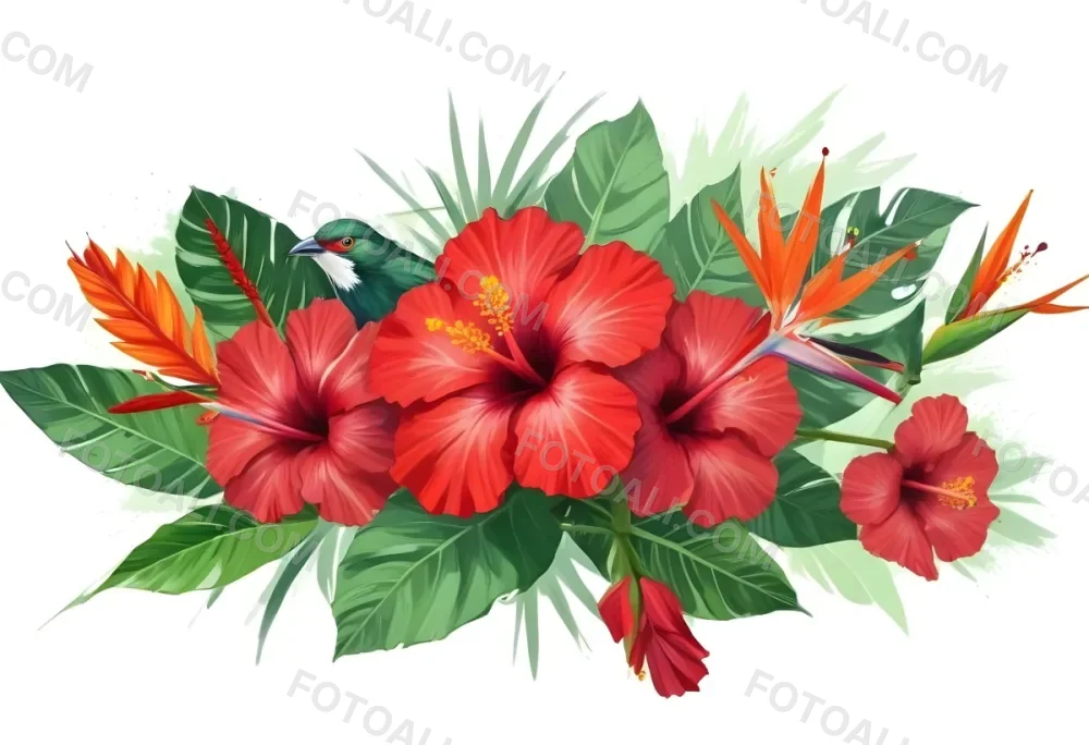 Digital Painting Three Red Hibiscus Flowers And A Bird Of Paradise Flower With Red Leaves On A Green Background Bold And Slim Lines Brush Strokes 26 Eec0