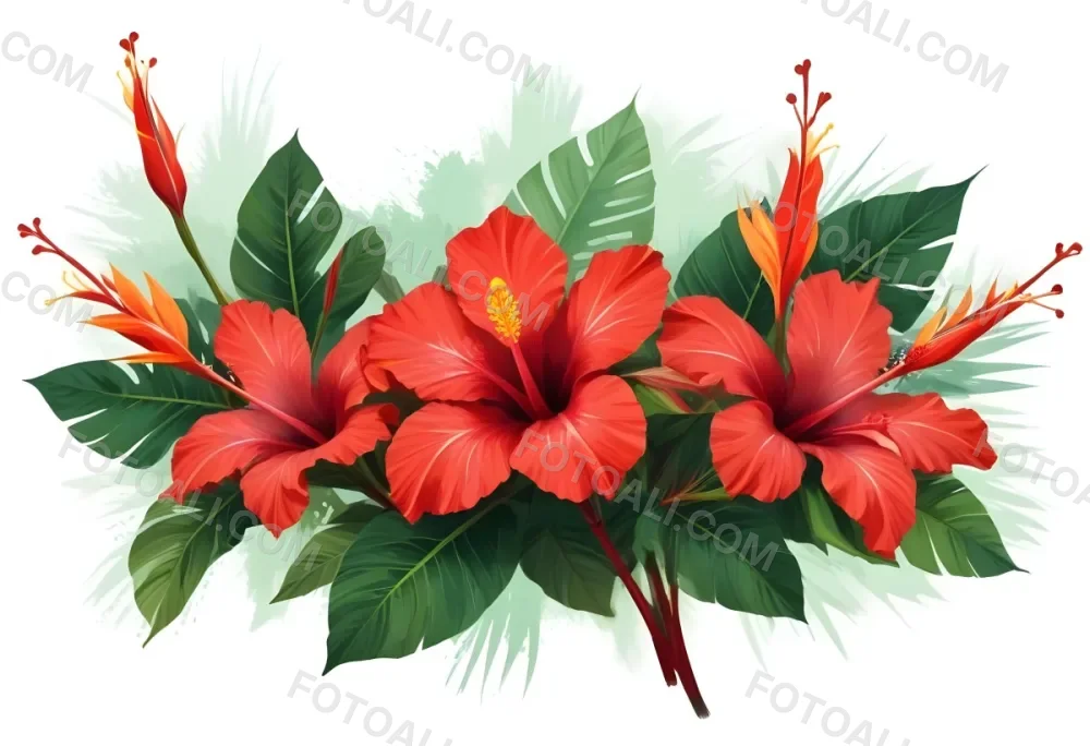 Digital Painting Three Red Hibiscus Flowers And A Bird Of Paradise Flower With Red Leaves On A Green Background Bold And Slim Lines Brush Strokes 3 6ec1