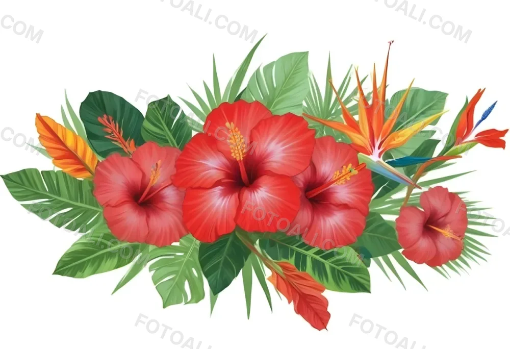 Digital Painting Three Red Hibiscus Flowers And A Bird Of Paradise Flower With Red Leaves On A Green Background Bold And Slim Lines Brush Strokes 4 De80
